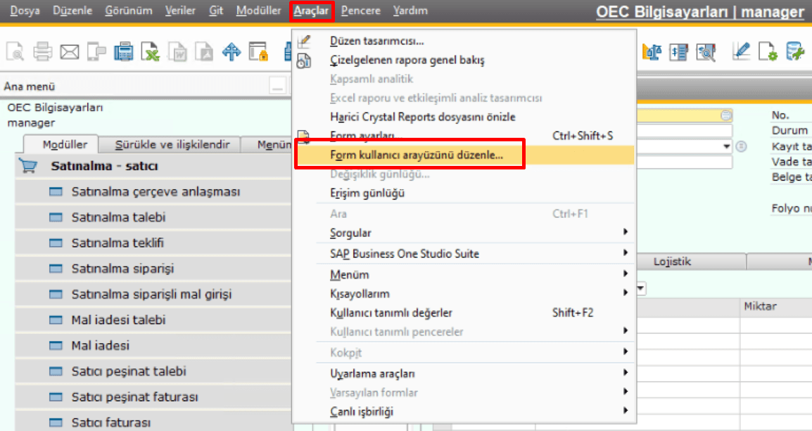 SAP Business One’da Kullanıcı Arayüzü Düzenleme